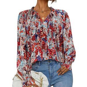 Women's Long Sleeve Tops Boho Floral Printed Blouses Casual V Neck